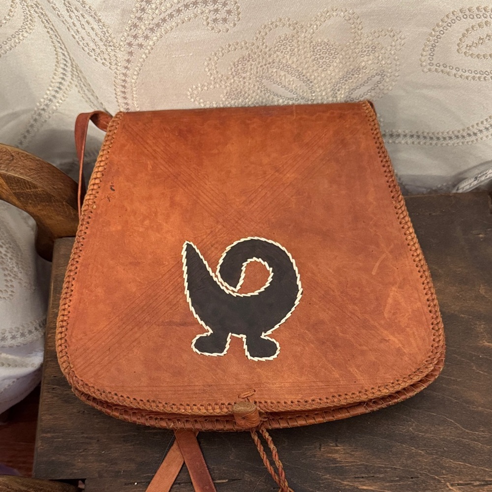 Unused Brown Leather Bag with Adinkra symbol